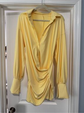 Women’s Yellow Draped Button-Down Shirt with Ruched Side